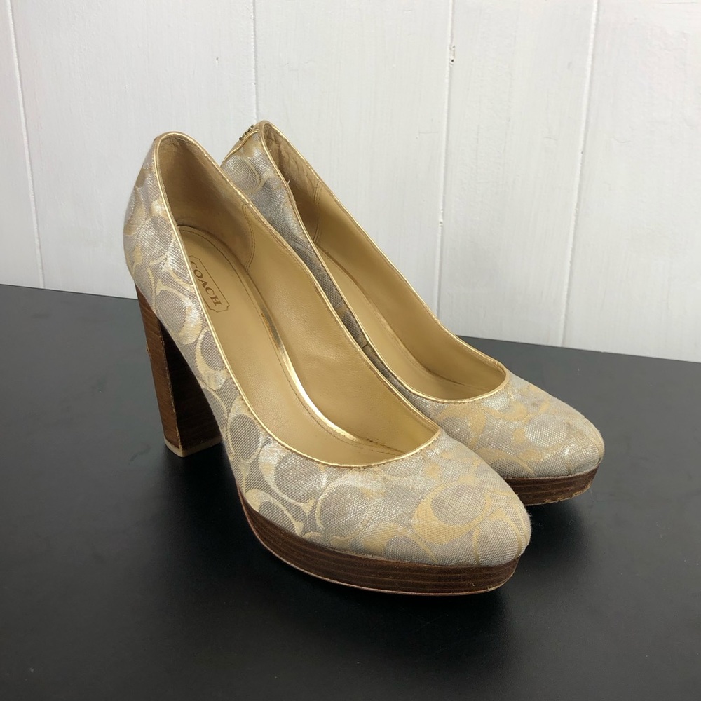 Coach Tristian Signature Pattern Pump Gold Silver Sz 9‎